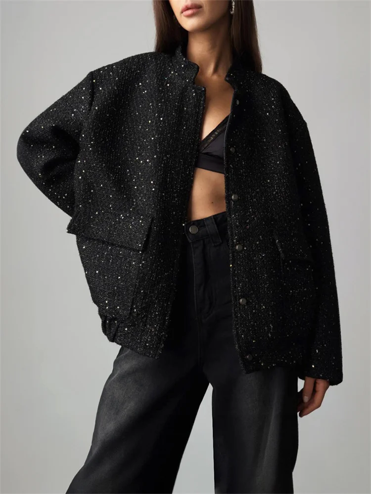 Tossy Black Sequin Fashion Outwear Female Loose Patchwork High Waist Long Sleeve Jacket Streetwear Solid Glitter Female Coat New