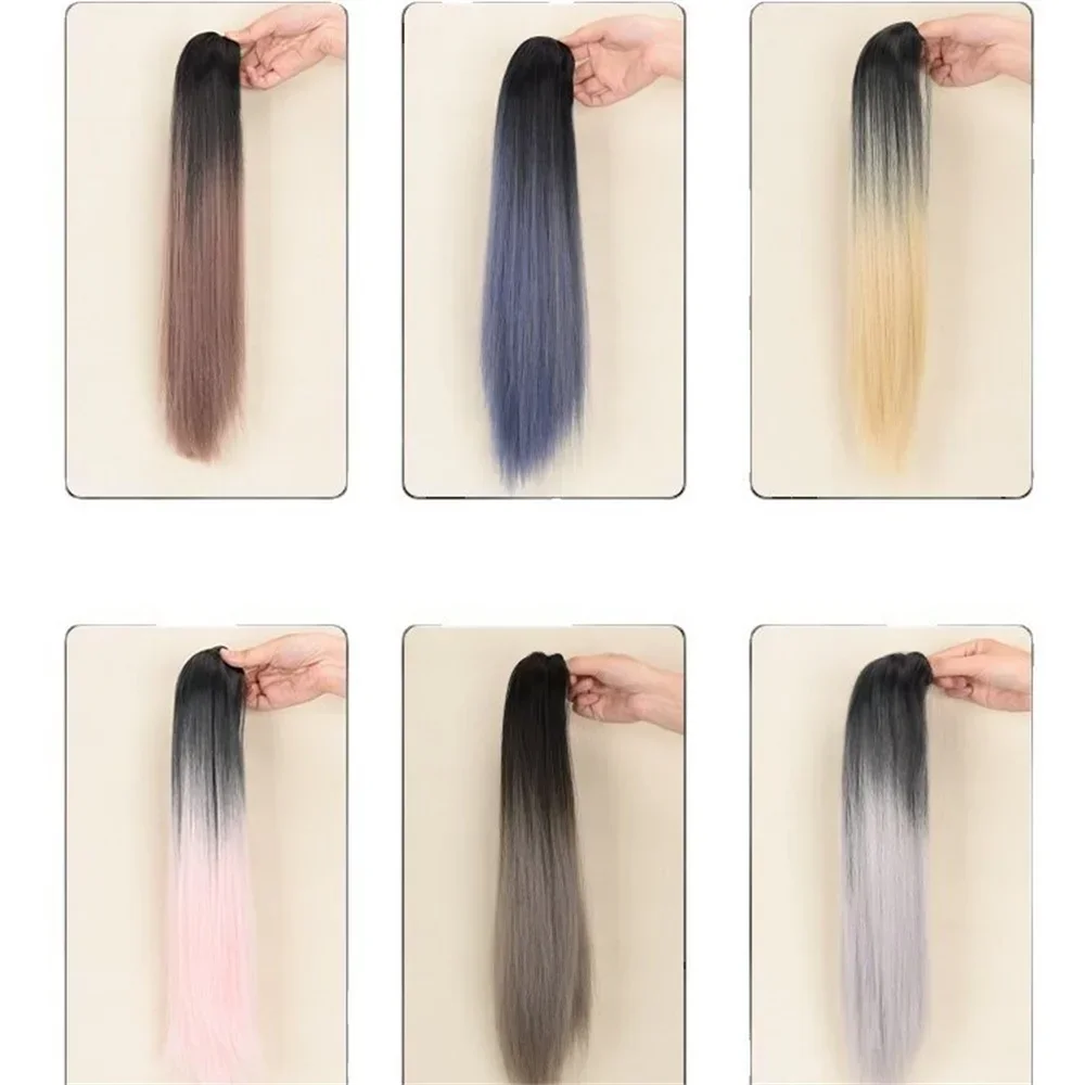 Woman Y2K Highlighted Wig Hair Extension Ponytail Claw Clip-on Straight Hair Piece Gradient Natural Hair Wig