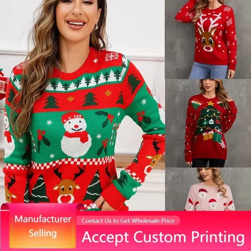 

Women'S Christmas 2024 New Year Wear Sweater Round Neck Top Elegance Sleeve Clothes Warm Thicken Jumpers Loose Knitwear Thicken