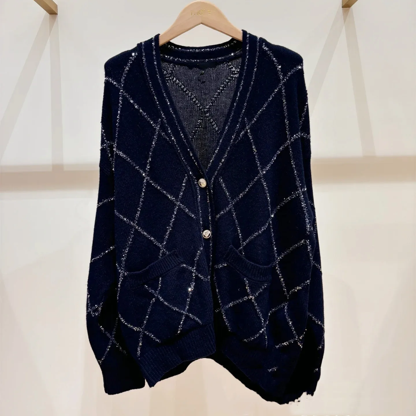 High-End Version European Design Loose Fit V-Ne Open Cardigan Knitted Sweater Deep Blue iny Plaid Women's Outerwear
