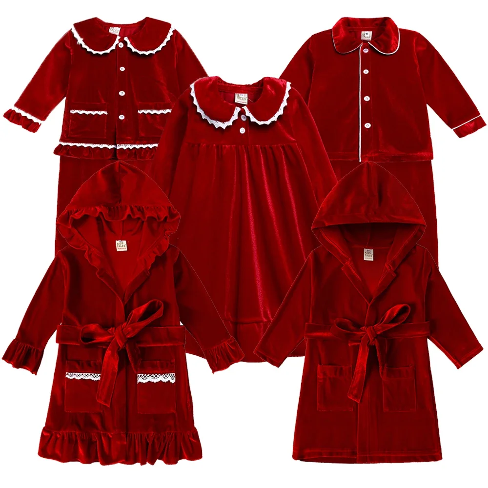 2024 Kids Teenager Robes Pyjamas Red Golden Velvet Dress Family Match Boy Girl Lounge Costume Toddler Witer Sleepwear Pajamas