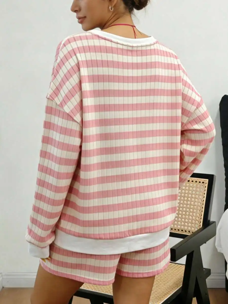 

Women Striped Knit Relaxed Fit Pajama Set Long Sleeve Loungewear Spring Summer Autumn