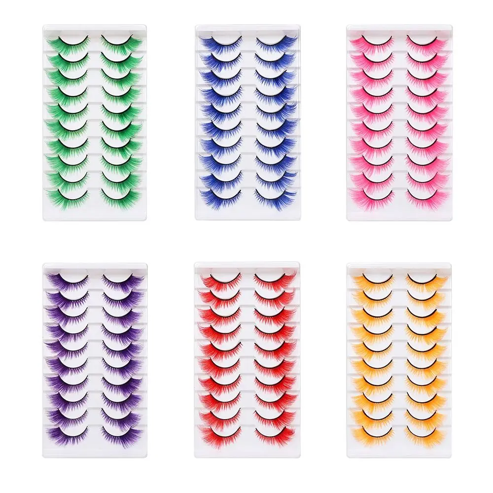 10 Pairs Dramatic Look Colored Lashes Colorful Soft Fluffy Cat Eye Eyelashes Red Green Pink Blue Yellow Fake Eyelashes