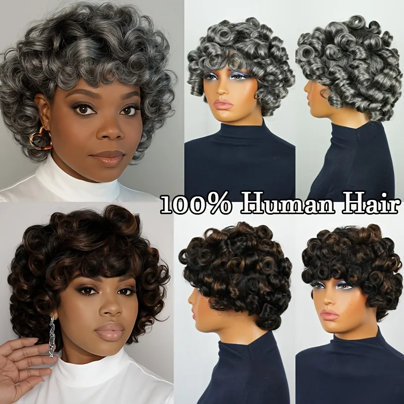 

Human Hair Wig - Short Pixie Cut Bob with Bangs, 180% Density Loose Curly Bouncy Curls Suitable for Daily Wear Full Machine Wig