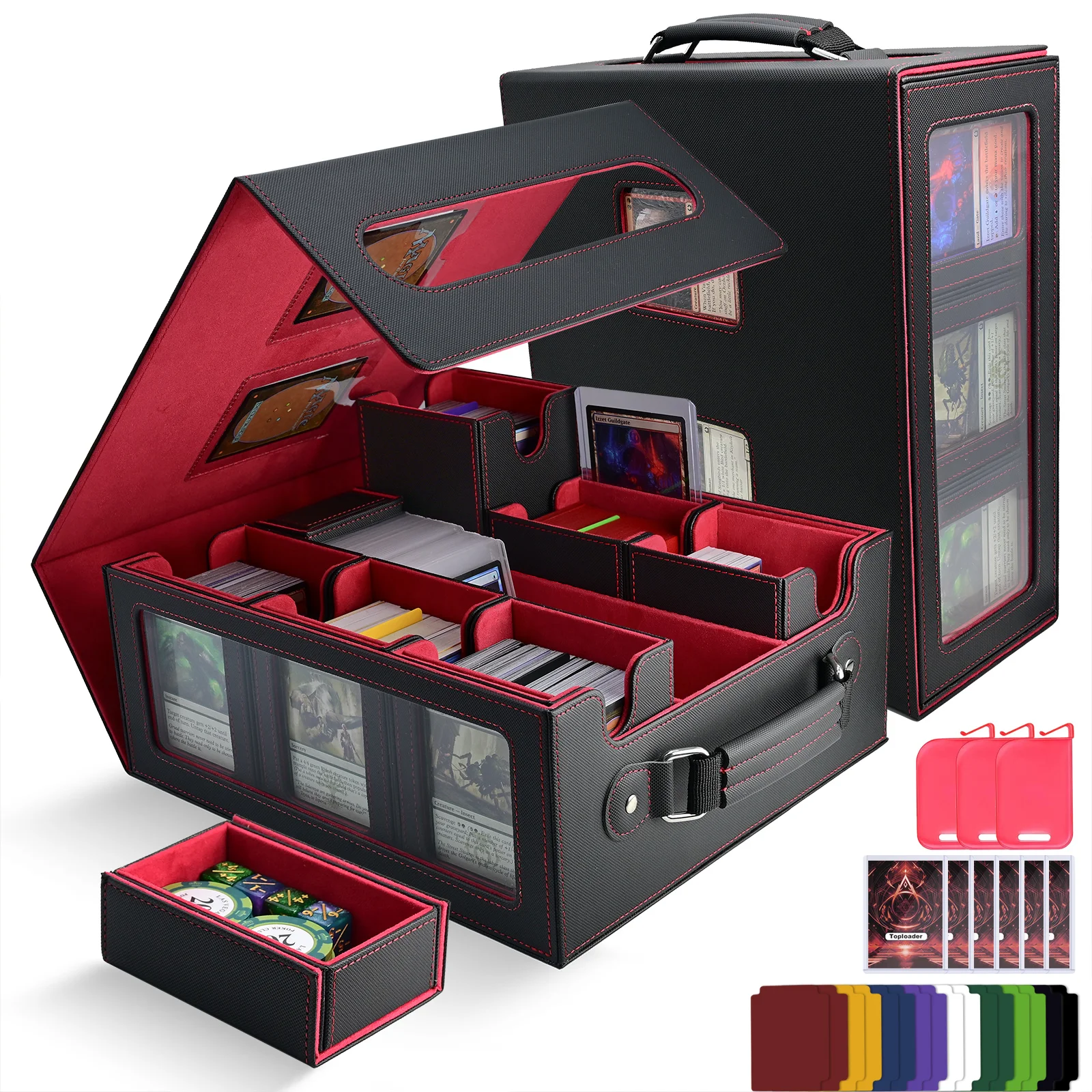 Caja para Mazos RyshePro Commander con Asa, Caja de Almacenamiento para Cartas Coleccionables MTG TCG 7 en 1, Caja para Mazos MTG con 8 Toploaders y 2 Stoppers
