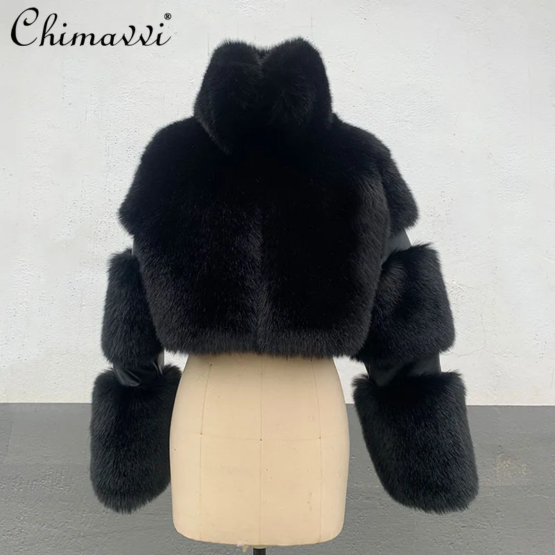 

PU Spliced Women‘s Faux Fur Coats Winter Fashion Turn-down Collar Long Sleeve Thick Warm Faux Fox Fur Short Jackets for Women