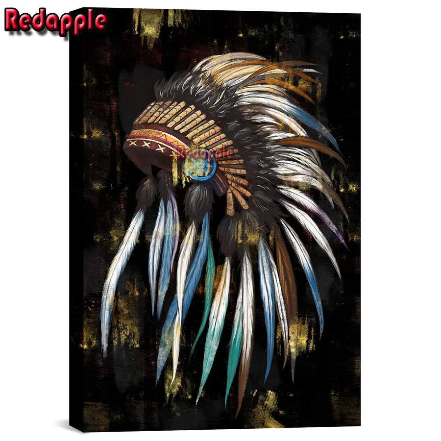 Tribal Chief Feather Headdress Diamond Embroidery, Indian Art Diamond Painting, Mosaic Rhinestone Picture, Handicraft Decor, Hom