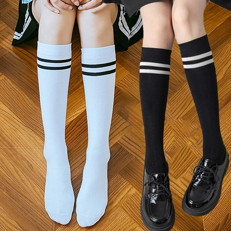 1-3pairs Women's Striped Long Socks Girls Black White Mid Tube Stockings Japanese JK Calf High Sock Students Hosiery Leggings