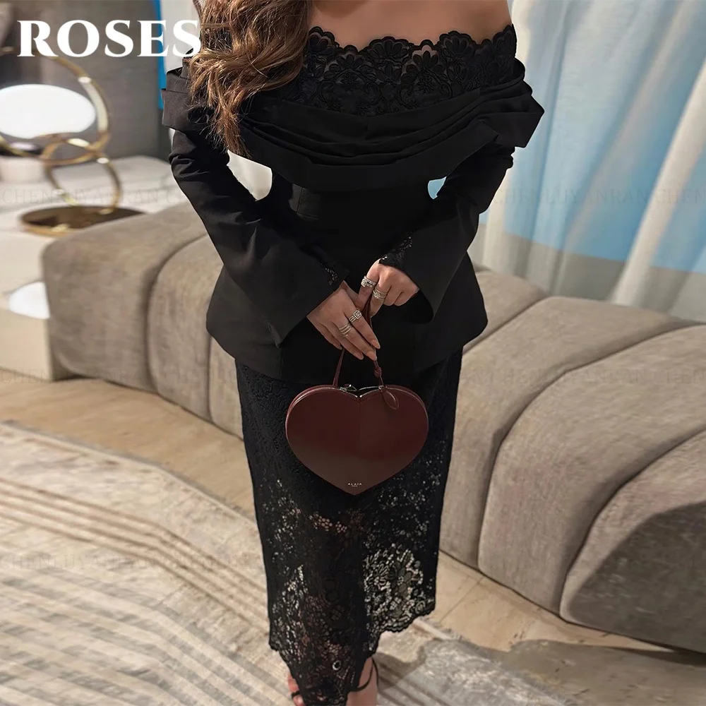 ROSES Black Modern Style Prom Elegant Off-Shoulder Prom Gown Sexy Lace Flowers Ball Gown for Woman abiti da cerimonia Customized image 2