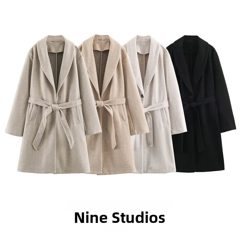 NINE ZAR Women's Soft Coat Jacket with Stand Collar Belted Pocket Decorated Long Sleeve Mid-Length Single Button Closure