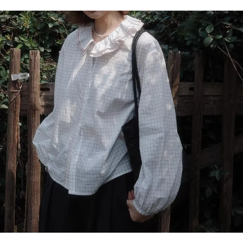 Sweet Age-reducing Japanese Loose Long-sleeved Shirt Women's Spring New Simple Commuter Plaid Embroidered Lotus Leaf Collar Top