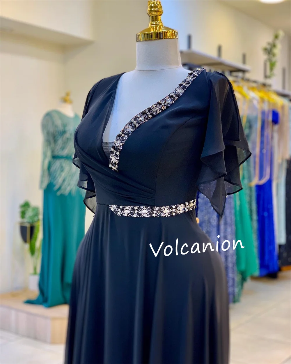 Customized Chiffon Sequined Pleat A-line V-neck Midi Dresses Bespoke Occasion Prom Classic Simple Sizes Available