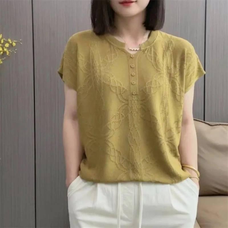 Women Clothing 2024 Summer Fashion Jacquard Ice Silk Short Sleeve Thin Knitted T-shirt Simple Casual V Neck Loose Pullover Tops