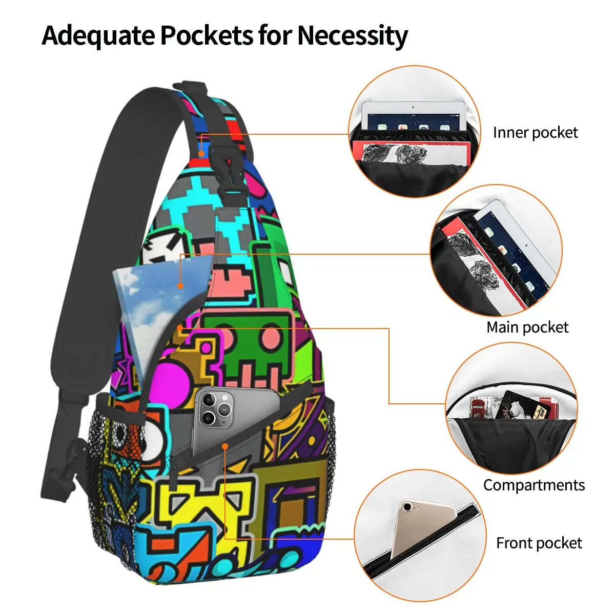 Cool Crossbody Chest Bags Geometry Pattern Pockets Travel Pack Messenger Sports Teens Shoulder Bag Unisex