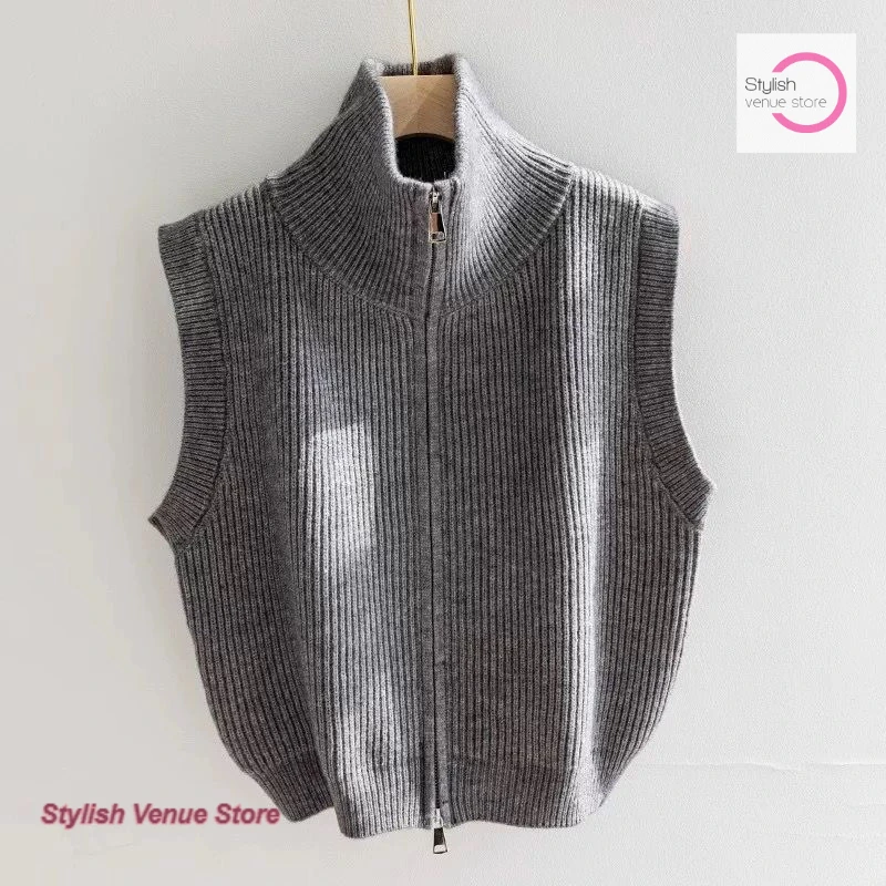 

Korean high-necked cardigan vest women's autumn and winter zipper knit commuter sleeveless Joker vest new loose sweater