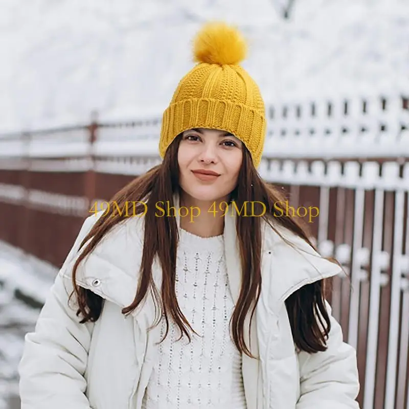 

49MD Модная толстая вязаная шапка, простая, с помпоном, однотонная, для улицы, осень-зима, W