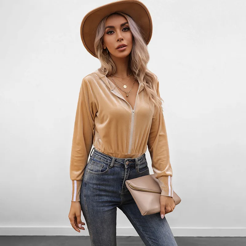 

Half-zip Sexy Jumpsuit Tight High-waisted Long-sleeved Hooded Solid Color Jumpsuit