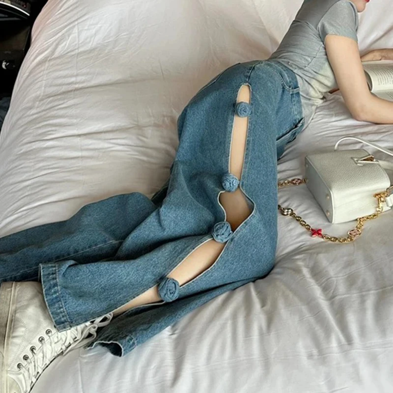 

Vintage Side Cut-Out Jeans Women High Waist 3D Flower Denim Pants Female 2025 New Loose Casual Y2K Harajuku Trousers Jeans