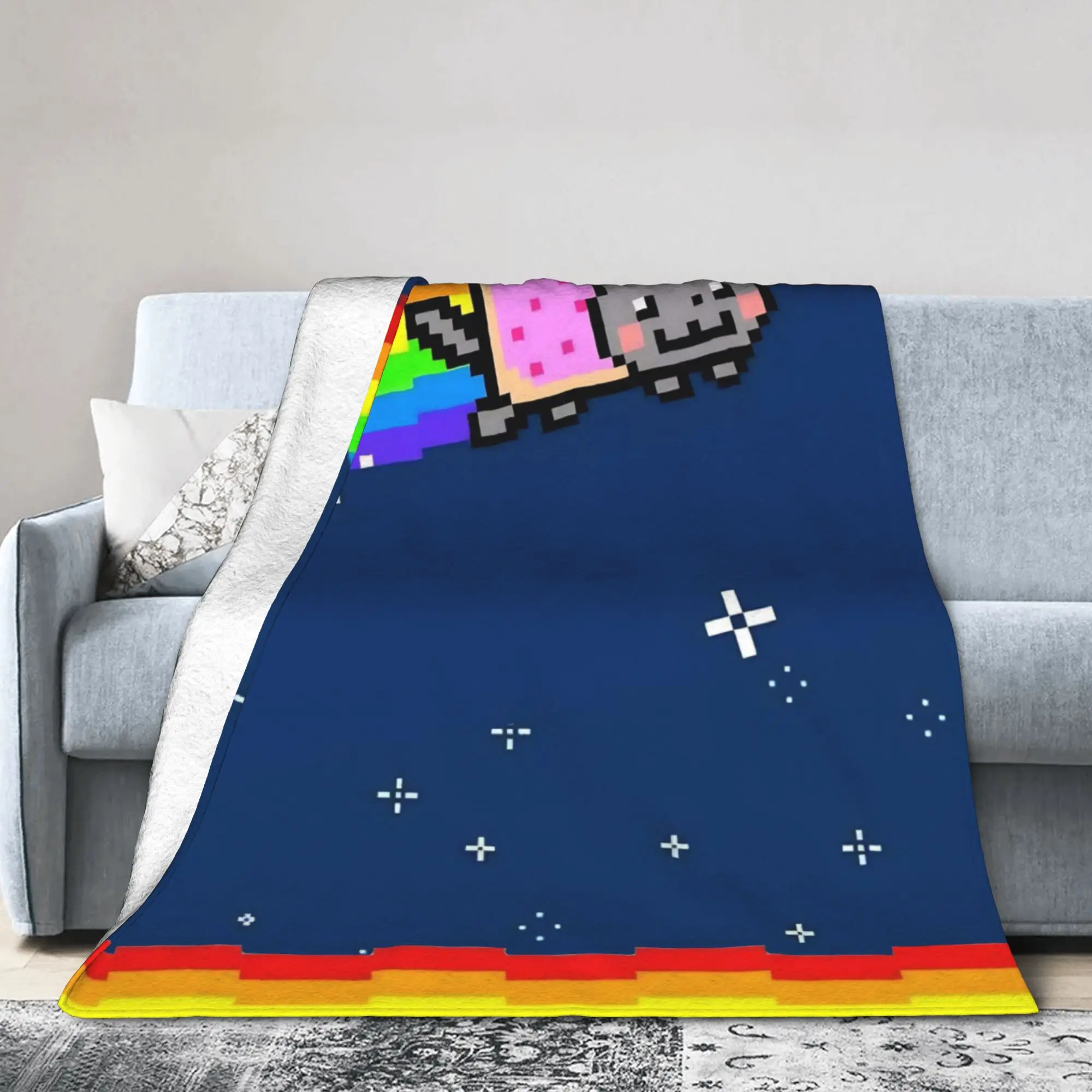 Nyan-Cats Rainbow Funny Game Blanket Velvet Print Internet Meme Multi-function Lightweight Throw Blankets for Couch
