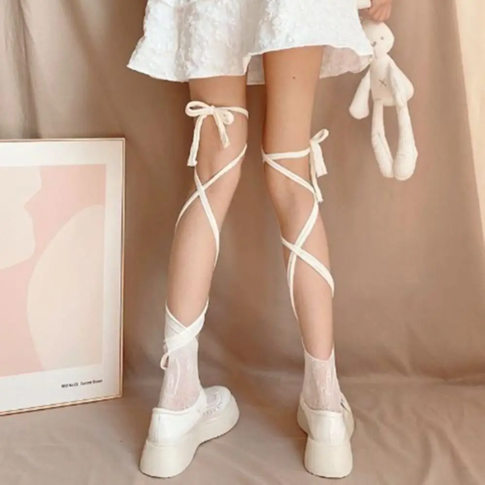 

2Pairs Irregular Straps JK Lace-up Stockings Mesh Spicy Girl Style Lolita Lace Stockings Hollow Fishnet Split Toe Socks