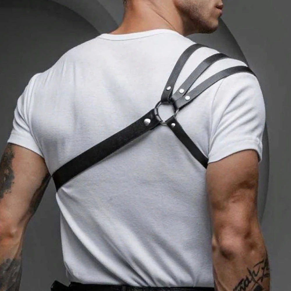 One Shoulder Men\'s Harness PU Leather Gay Men Chest Harness Bondage Black Leather Men Accessories Upper Erotic Body Men Harness