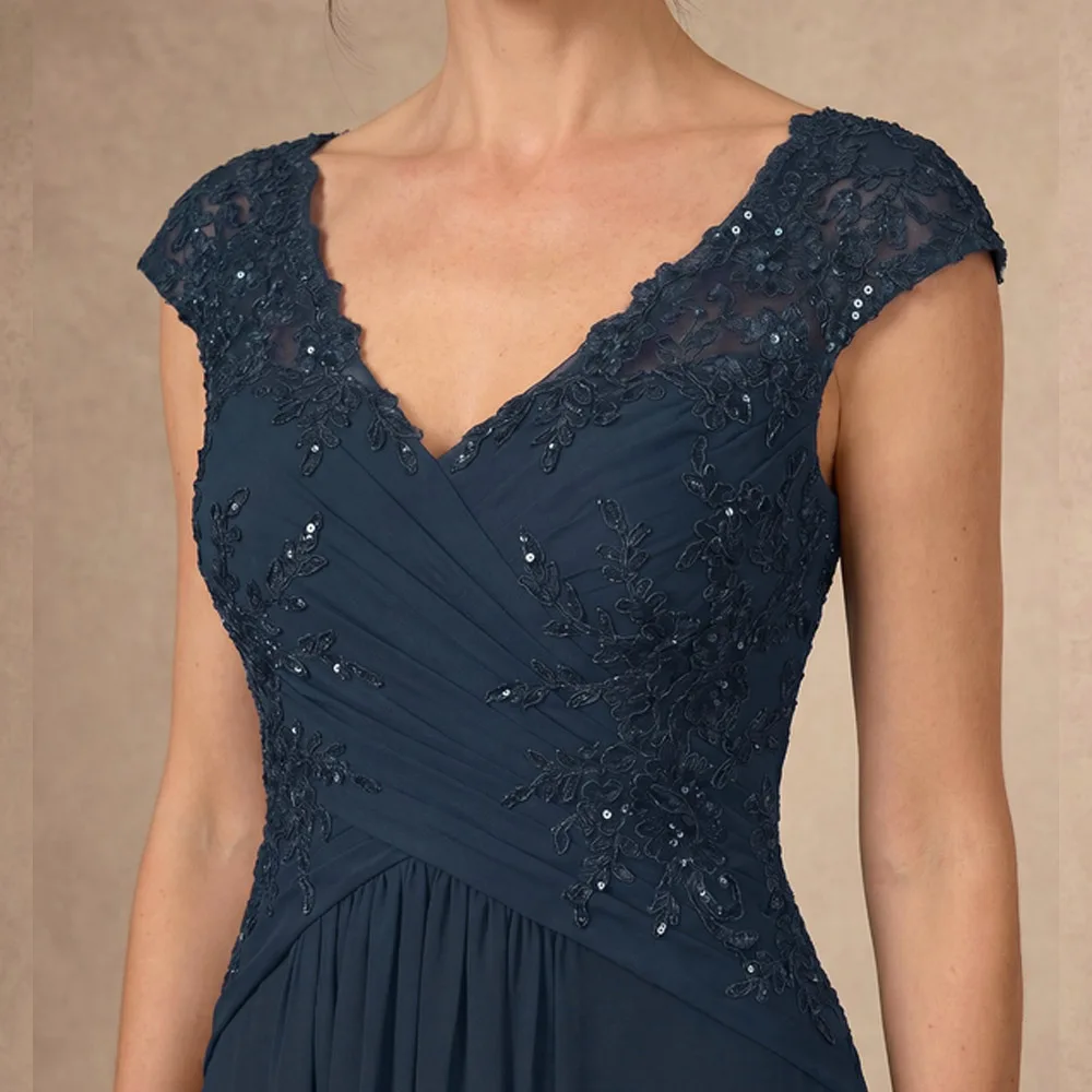 Customized Mother of The Bride Dress Cap Sleeves V Neck Lace Sequined Applique A Line Chiffon Wedding Guest Gowns Party Dresses