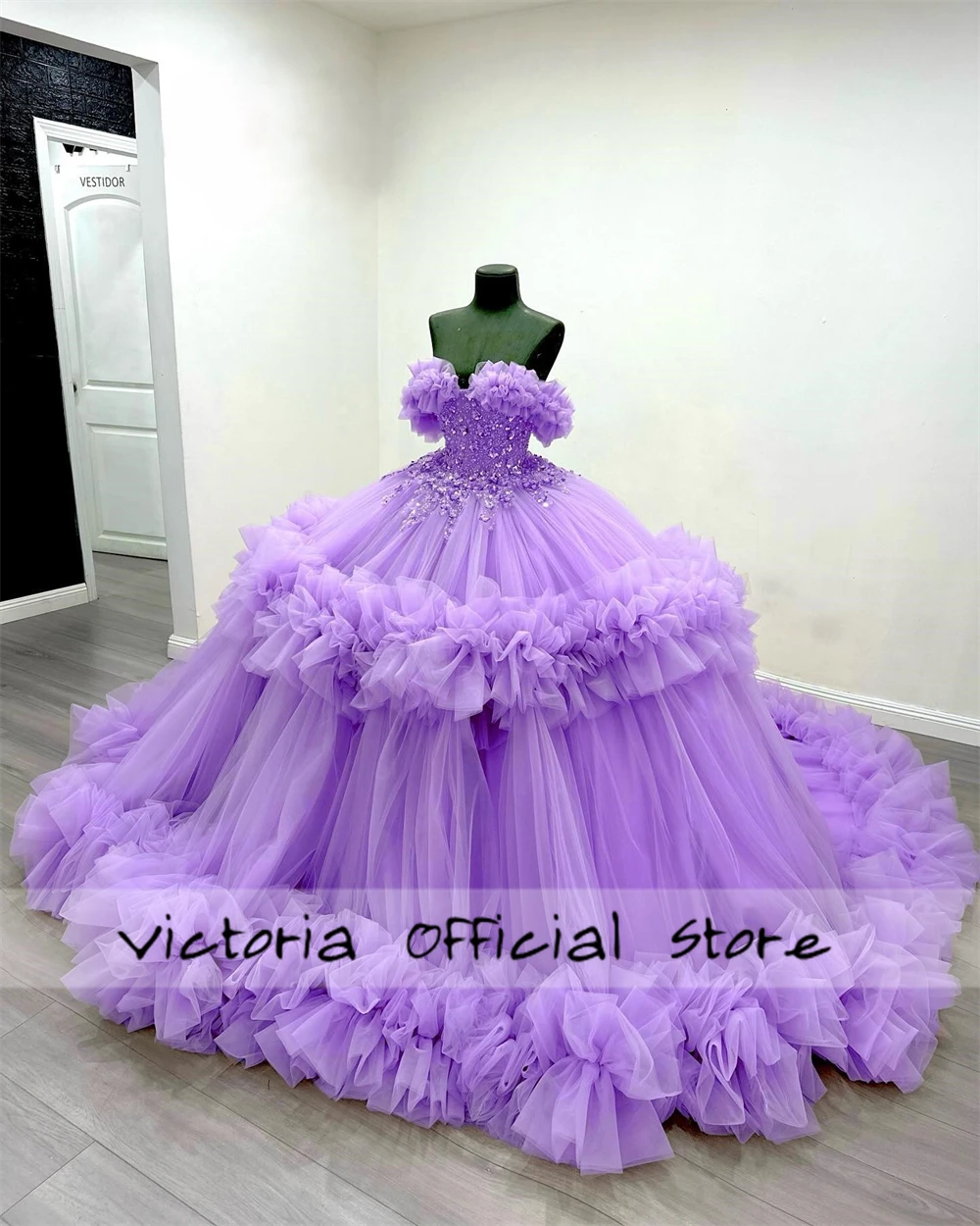 Purple Off The Shoulder 15 Years Quinceanera Dress 2024 Beaded Appliques Tulle Ruched Train Mexico Wedding Ball Gown Customized