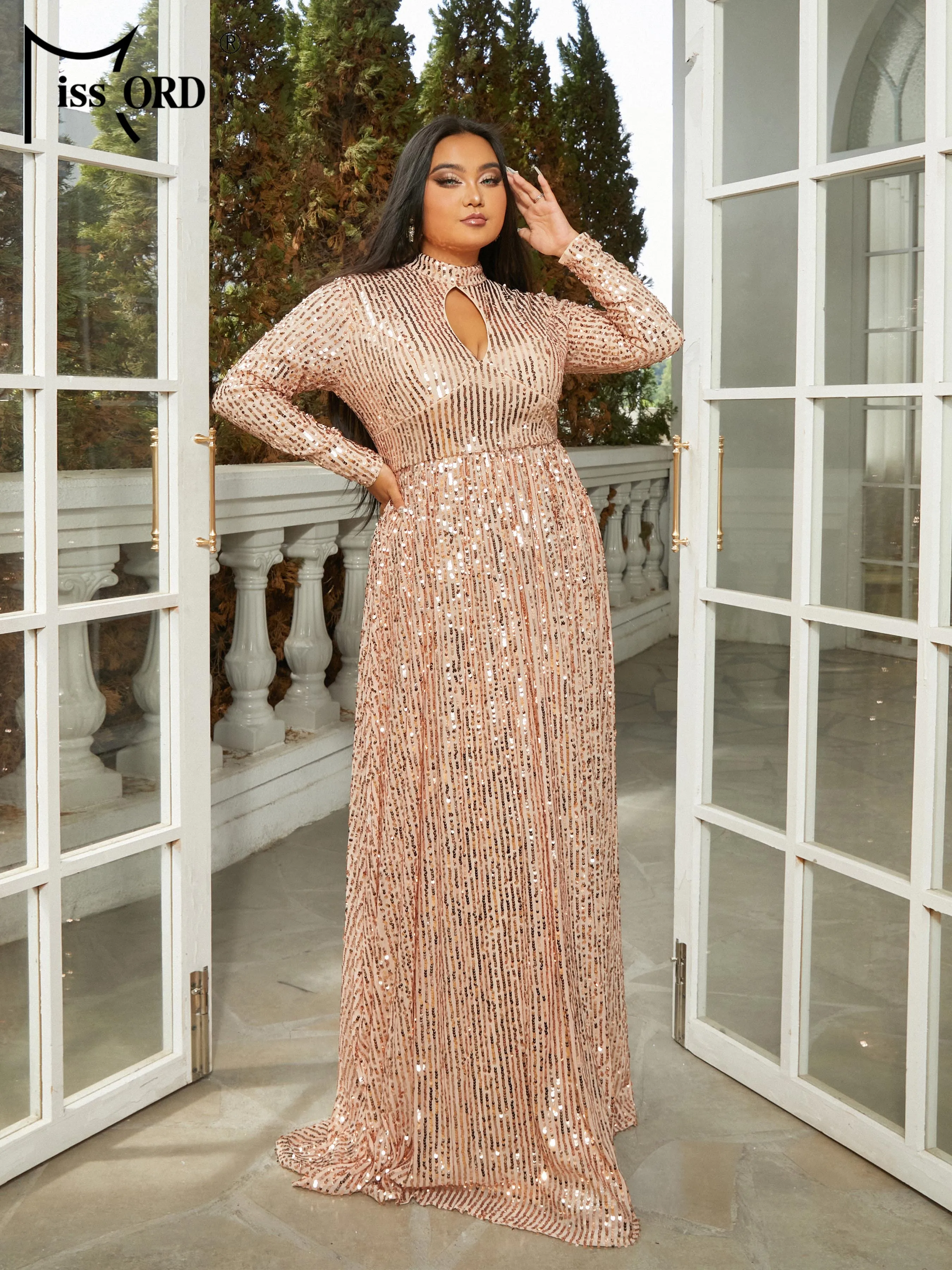 Missord 2024 nuovo Plus Size elegante belle donne ritaglio girocollo manica lunga a-line sera matrimonio festa di compleanno vestito