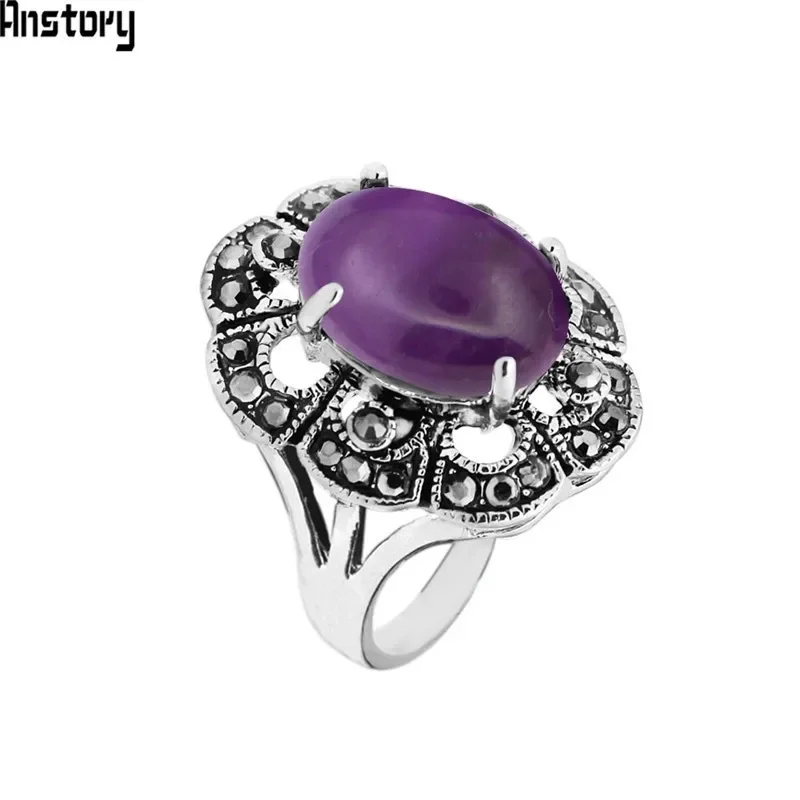 Oval Natural Amethysts Rings For Women Vintage Look Antique Silver Plated Rhinestone Plum Flower Fashion Jewelry TR690