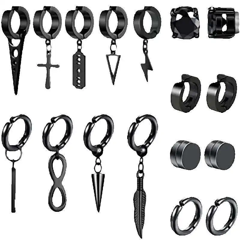 WKOUD 1-17 Pcs Clip On Earrings For Men Women Stainless Steel Fake Non Piercing Magnetic Dangle Earring Black Hie Hoop