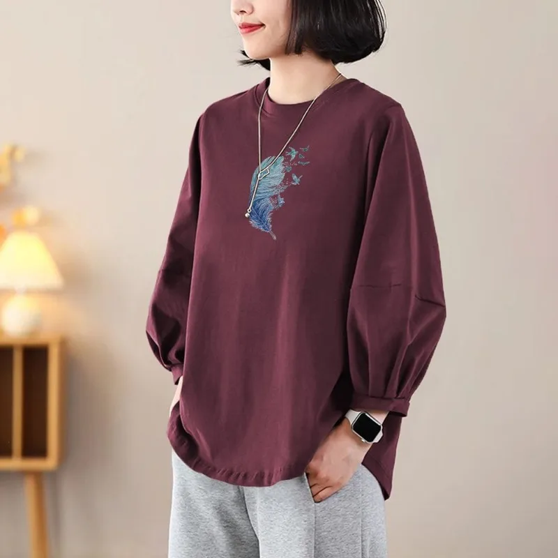 Modna koszulka damska z czystej bawełny z rękawami typu lampion, uniwersalna, luźna bluzka na jesień, nowy nadruk, styl zachodni.