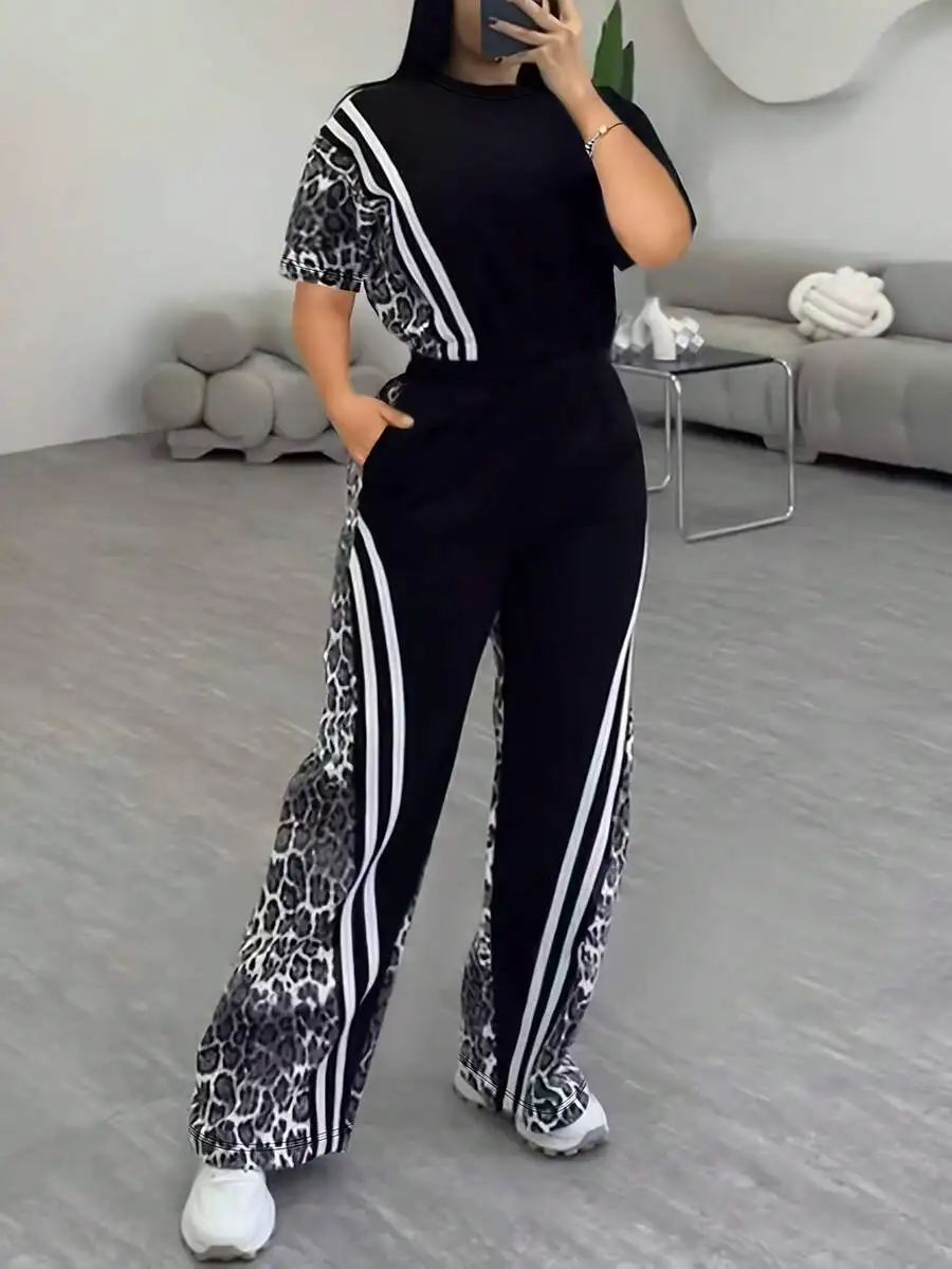 

Casual Leopard Print Round Neck Short Sleeve Top And High Waist Straight Leg Pants Set Women Summer Two Piece Outfit