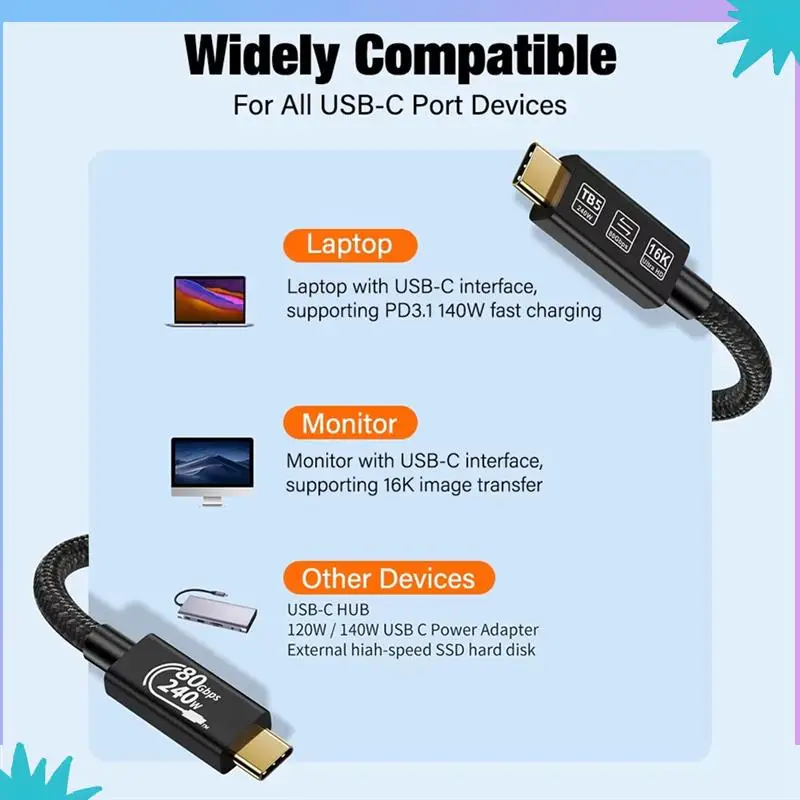 ABZW Thunderbolt 5 80Gbps USB 4.0 Type-C كابل تمديد البيانات 240 واط 16 كيلو كابل شحن سريع تخزين بيانات فائق السرعة لـ USB C Mo