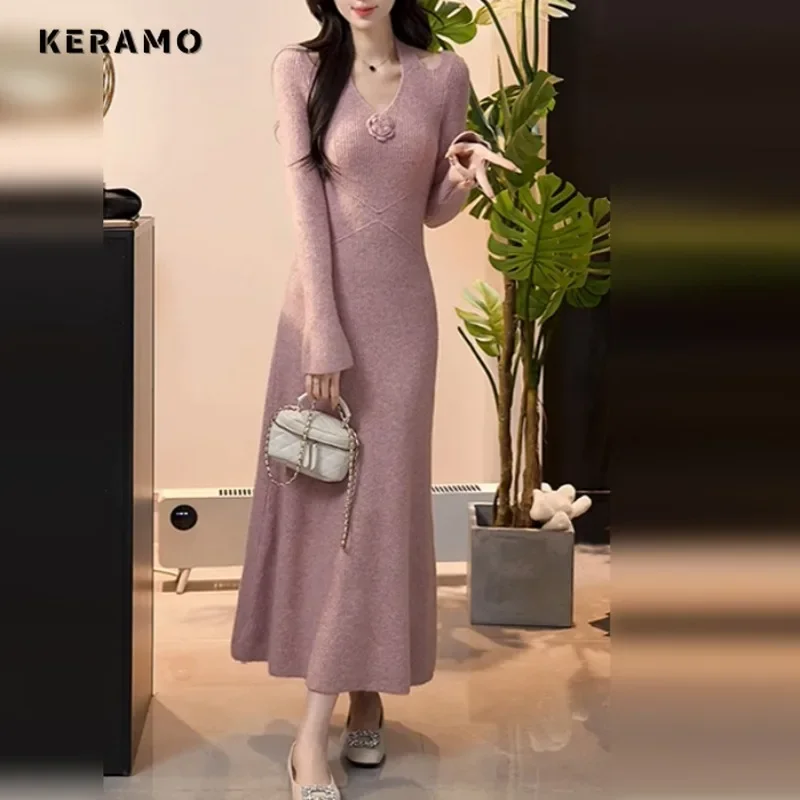 2025 الربيع الإناث كلوبوير عالية الخصر سليم صالح فستان أسود المرأة مثير كم طويل الخامس الرقبة الأزهار يزين غمد فساتين متوسطة الطول