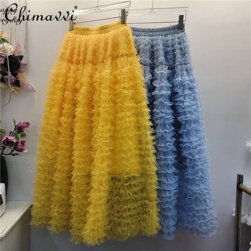 

Новая корейская модная многослойная юбка-тортик с оборками для девочек, весна-лето, элегантная длинная тюлевая юбка с высокой талией