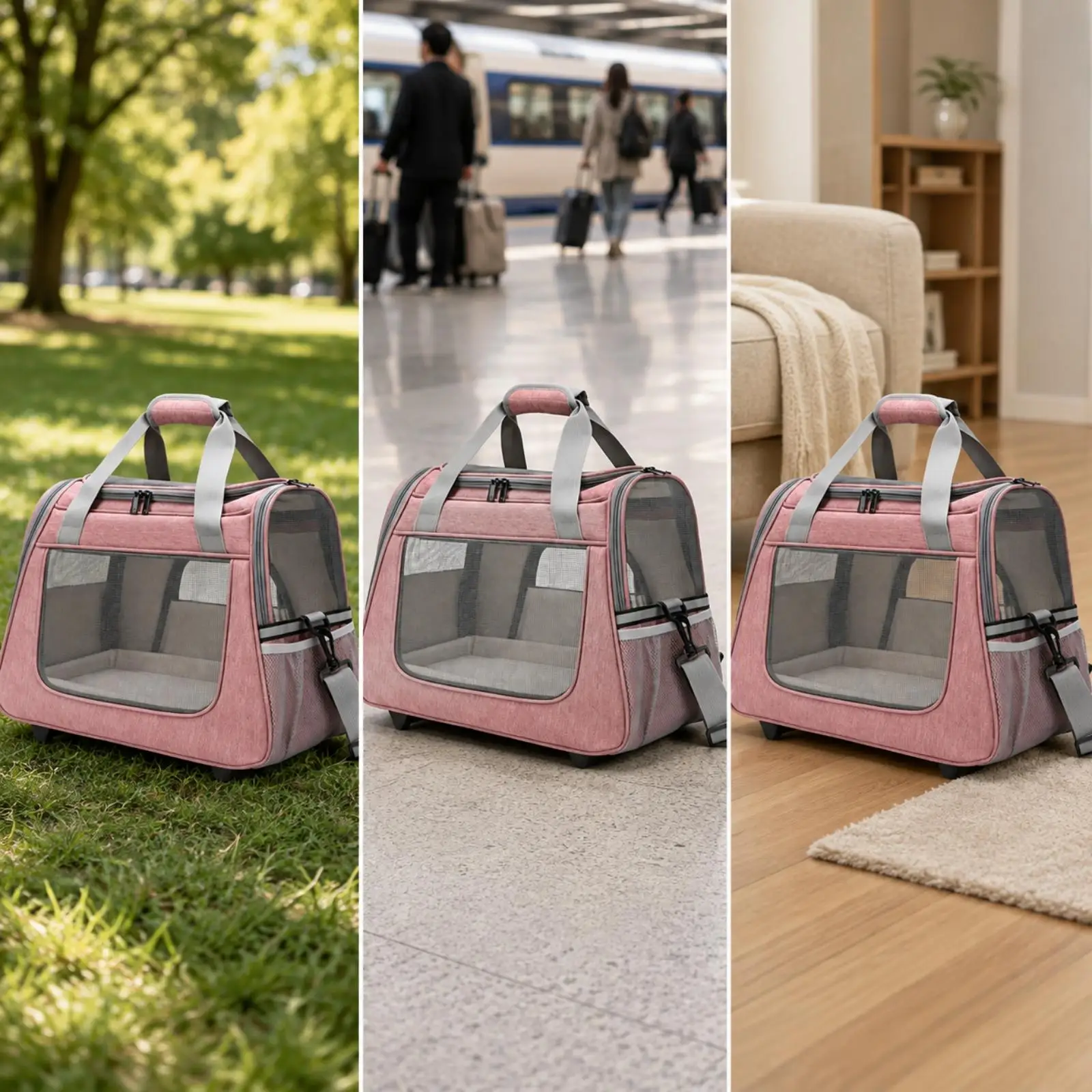 Oxford Cloth Cat Carrier Box Style Pet Transport Bag with Side Mesh Panels