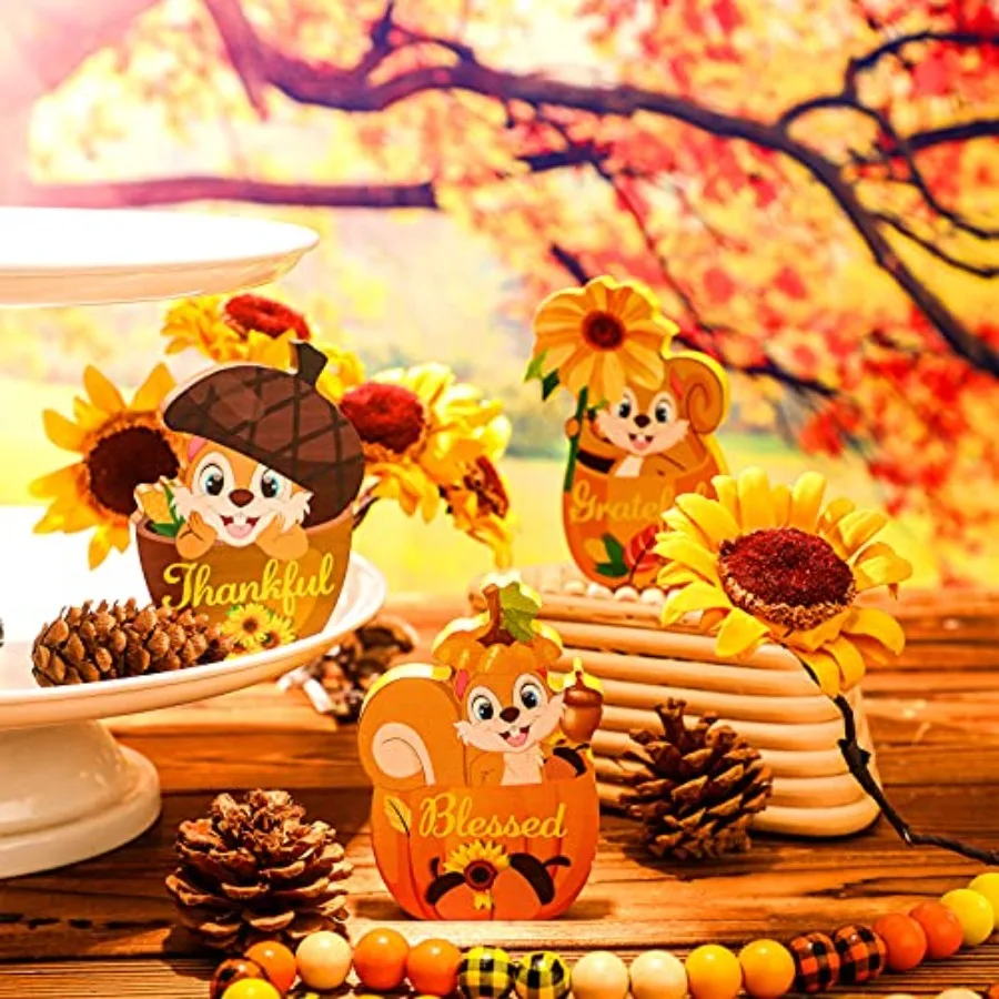 3 Pieces Thanksgiving Decor for Home Fall Wooden Sign Thankful Grateful Blessed Pumpkin Fall Tiered Tray Decor Squirrel Acorns