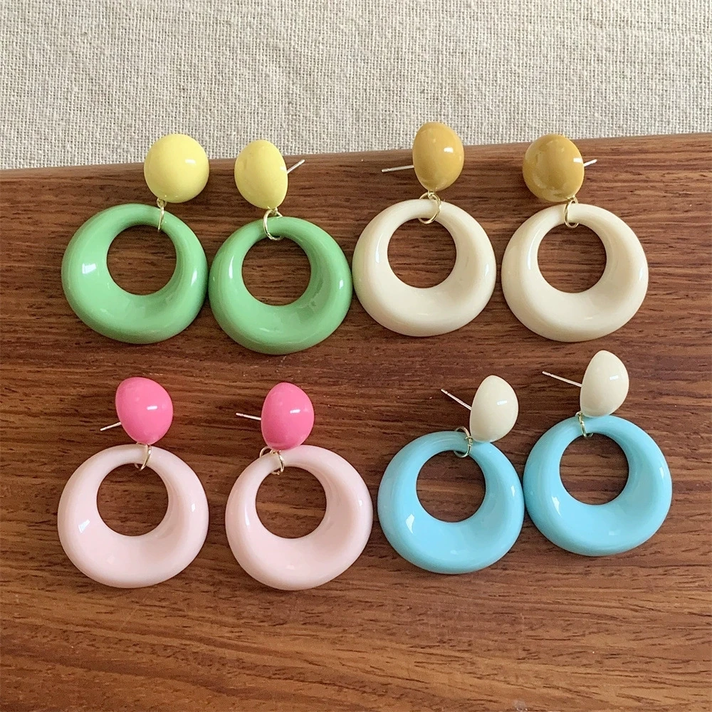 Geometry Round Circle Dangle Earrings Trendy Contrast Candy Color Acrylic Bean Drop Earrings for Women Sweet Party Jewelry Gifts