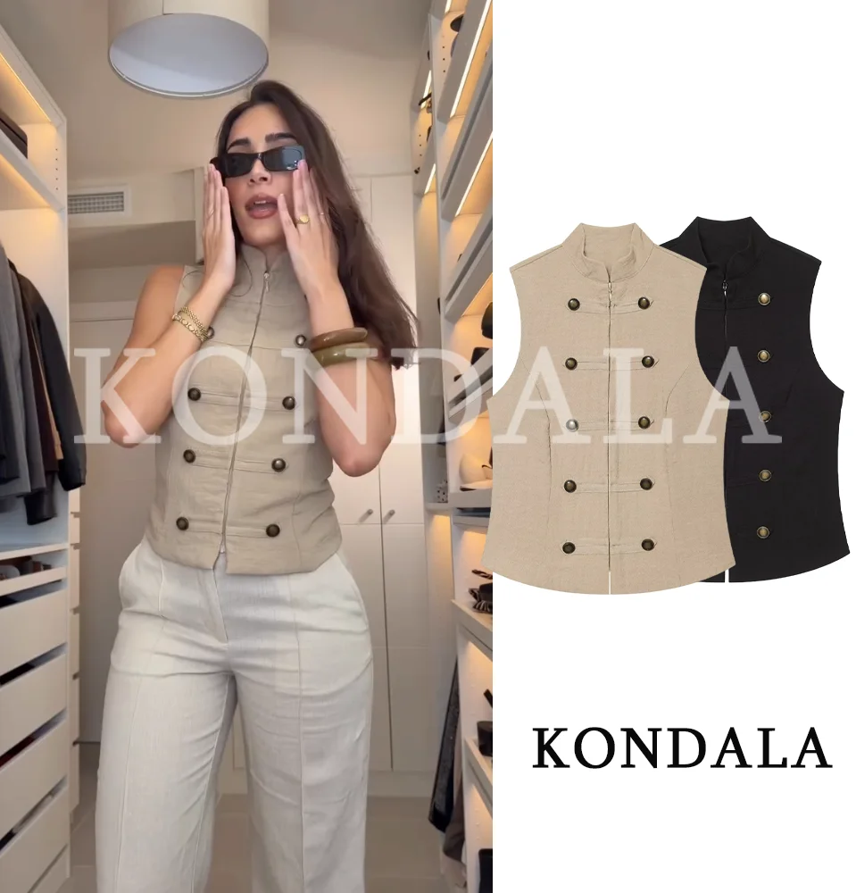 KONDALA Women Vintage Casual Zip-up Vest 2026 Summer Trendy High Street Elegant Sleeveless Vest Top Female Button Trim Slim Vest