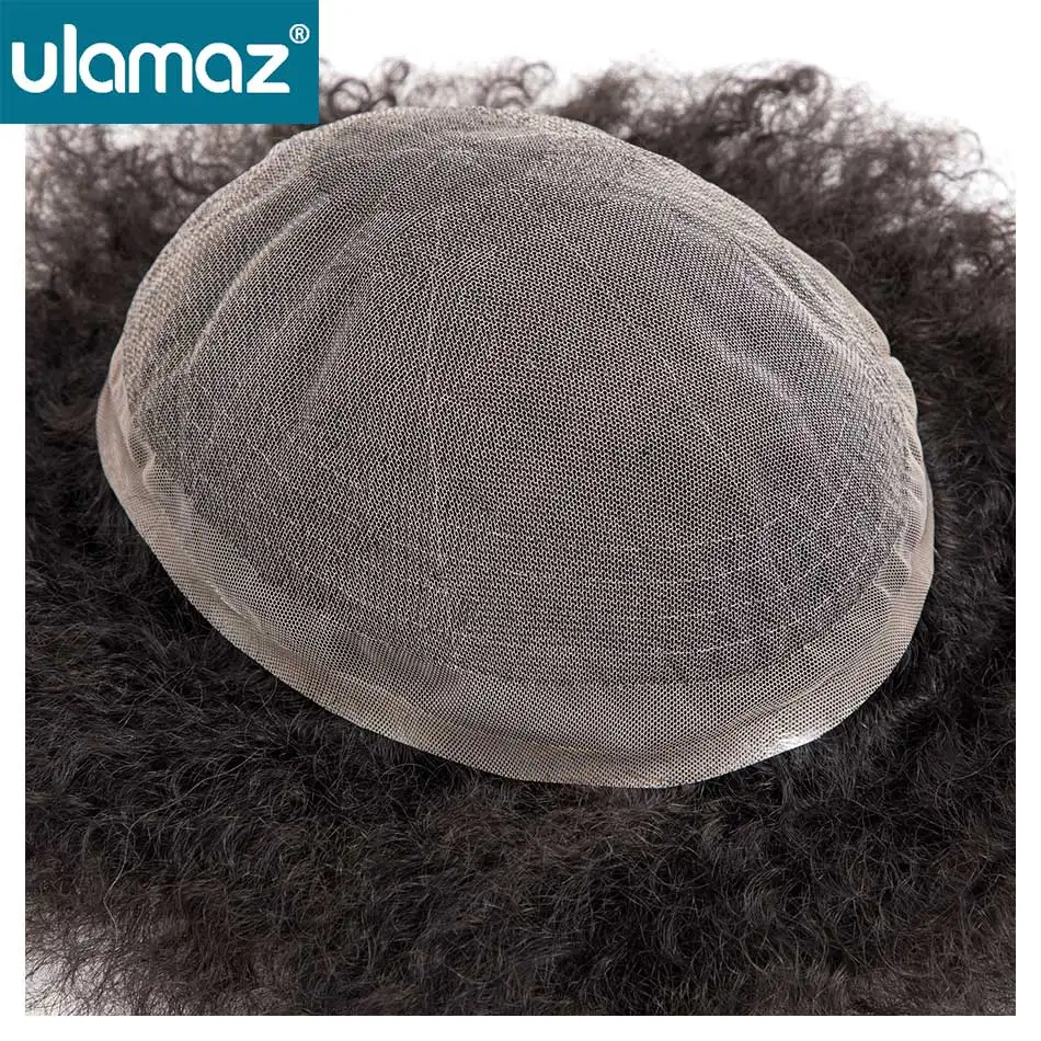 Full Lace Man Pruik Afro Wave Toupee Voor Afrikaanse Mannen Krullend Pruiken Menselijk Haar Mannelijk Haar Prothese 130% Dichtheid Mannen Haar Systeem Unit