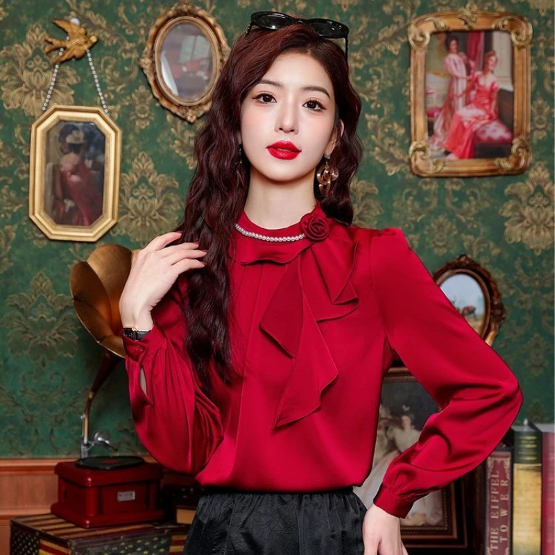 

French Style Women Blouse 2026 Spring Autumn New Arrival Vintage Long Sleeve Top with Ruffles Versatile