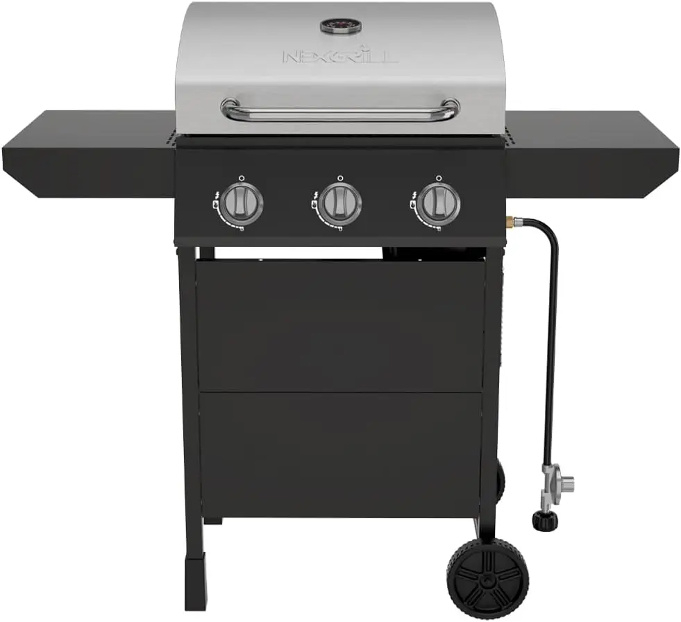 Premium 3 Burner Propane Barbecue,Side Table Open Cart with Wheels, Outdoor Cooking, Patio, Garden Barbecue Grill, 27000 BTUs