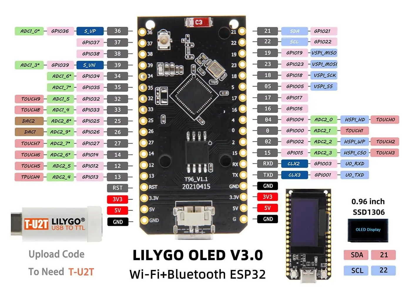 Carte de développement ESP32 OLED V3.0, module sans fil Wi-Fi Bluetooth, écran SSD1306 de 0,96 pouce, 4 Mo (32 Mo) Pro