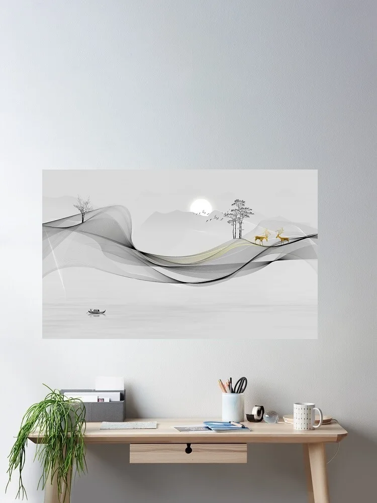 Abstract ink lines depicting two deer landscape scenery, Print Art Canvas Poster, For Living Room Decor, Home Wall Picture