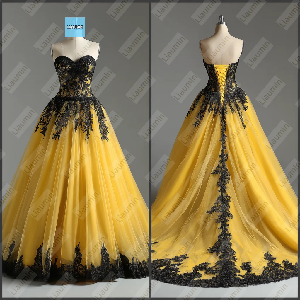 

Classic Yellow Tulle With Black Lace Applique Full Length Evening Prom Wedding Formal Dress Lace-up Back Customized Made A7-1.91