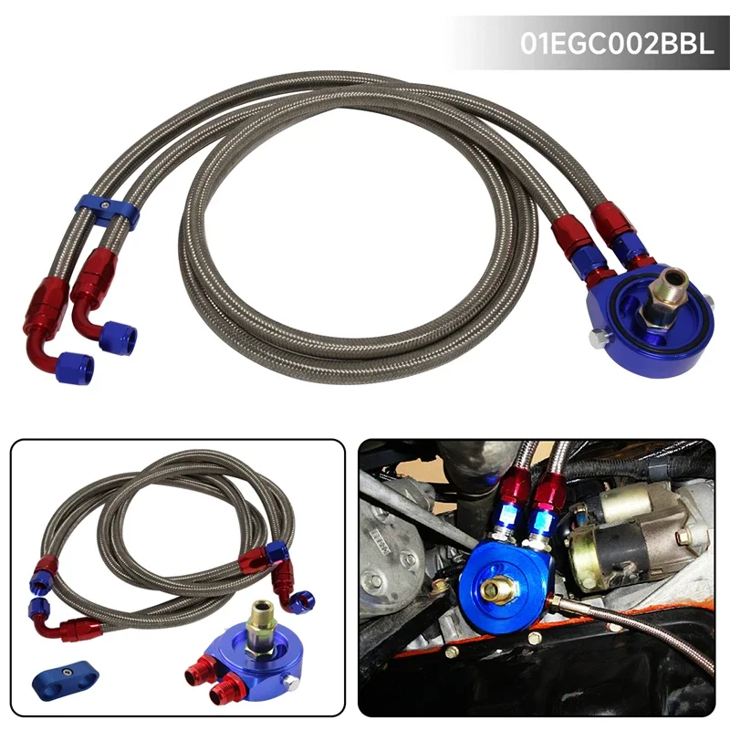 AN8 1.4m 1.6m Nylon Braided or SS Braided Oil Line+ AN8 Oil Filter Sandwich Adapter w/ Hose Fittings Black / Blue