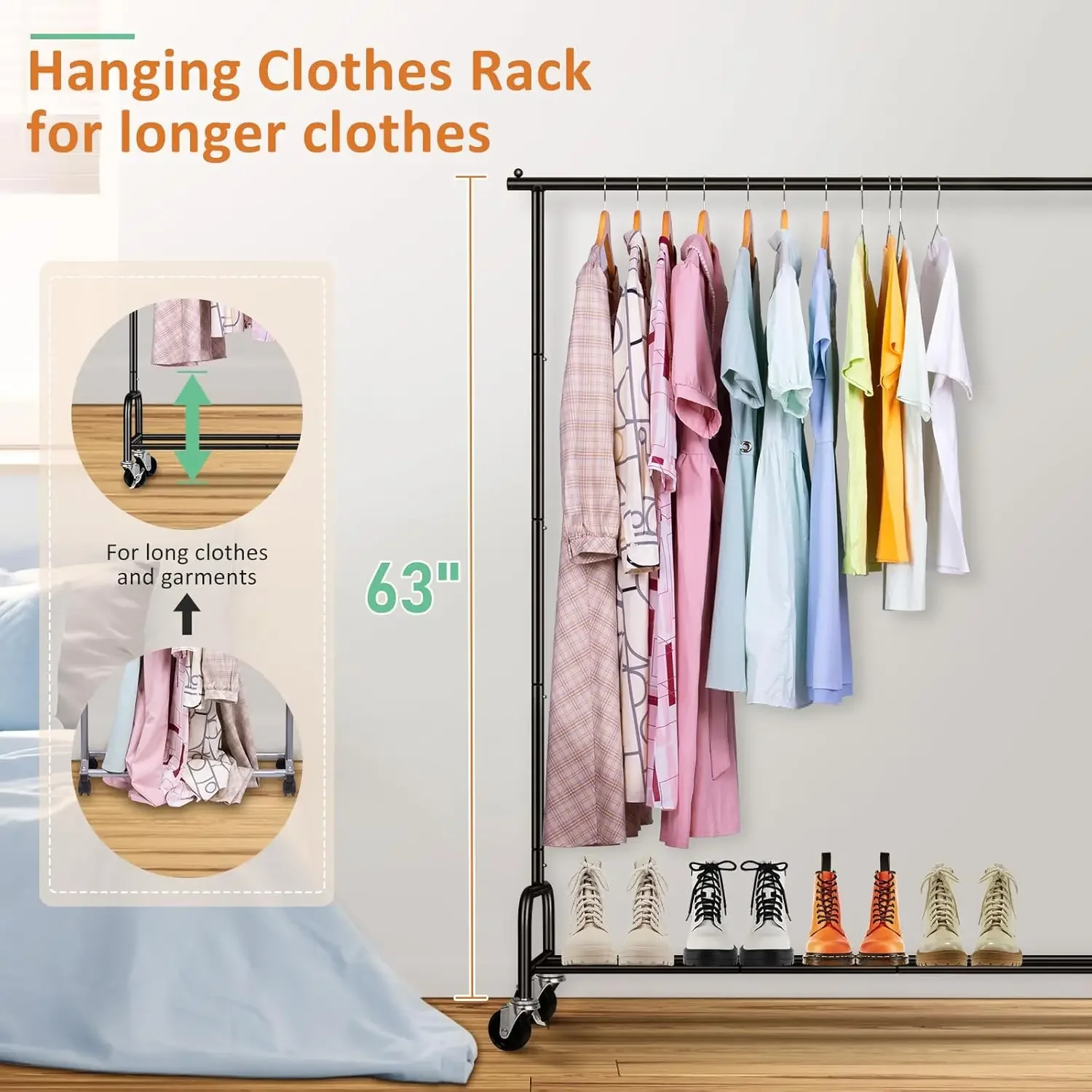 Heavy Duty Clothing Racks for Hanging Clothes Rack, 43" Wide Rolling Garment Rack Metal Clothing Hanger Rack with Wheels