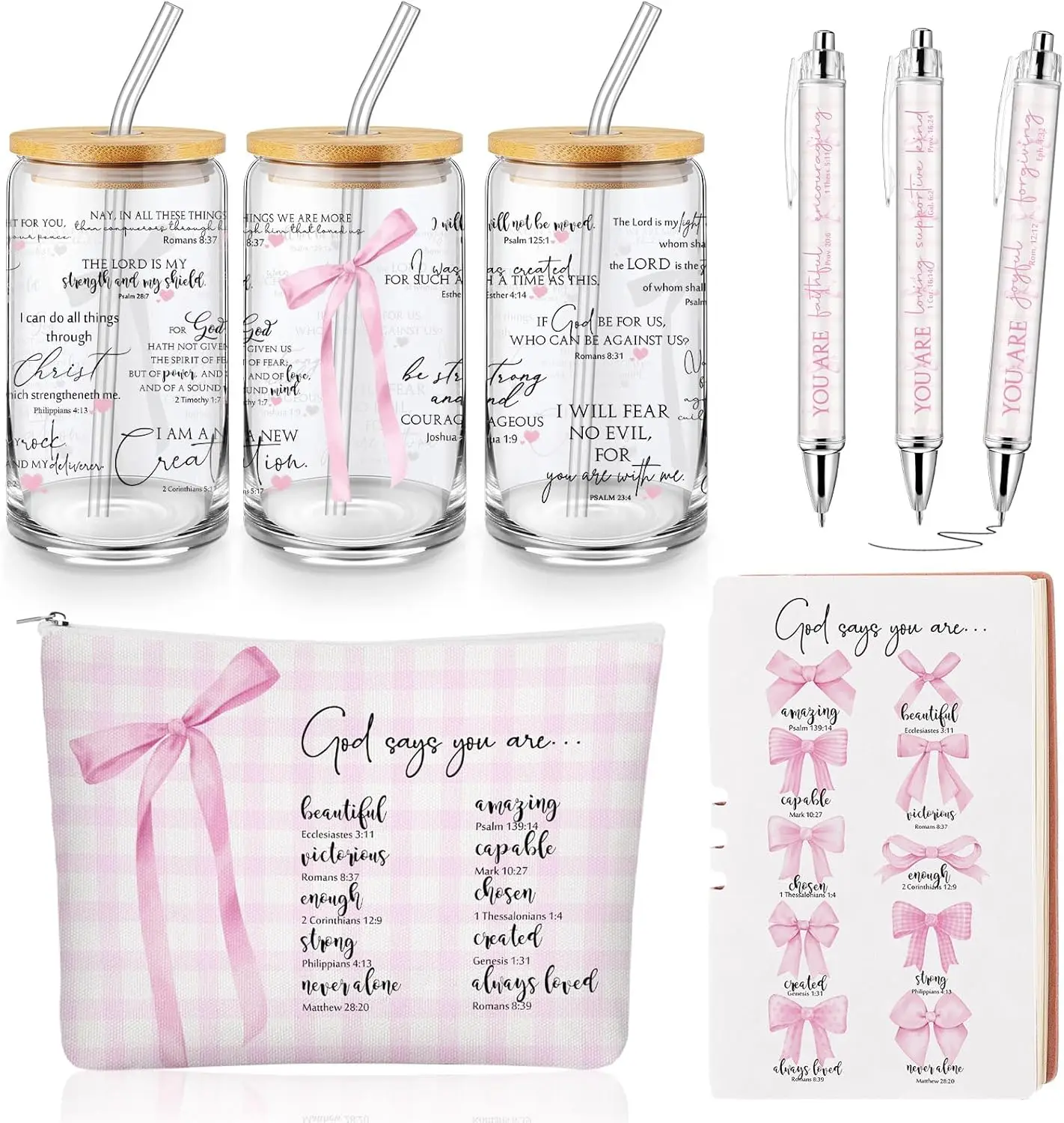 

6 Pcs Pink Bow Gift Set with Glass Cup, Cosmetic Bag Religious Pens Christian Journals Coquette Gifts Pink Stuff Accessories Bir