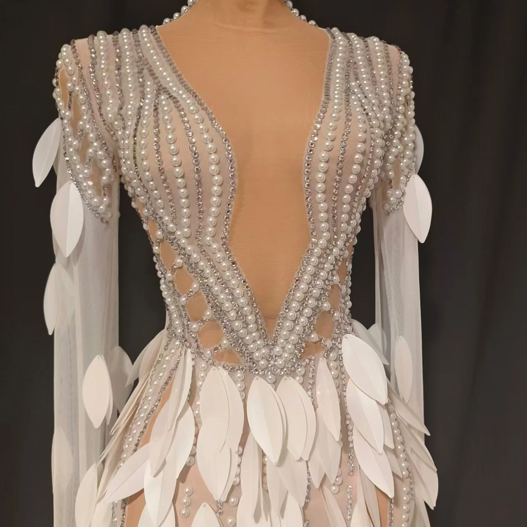 Changer elegante feminino vestido de pérola sexy branco transparente malha em camadas pena vestido longo bar palco desempenho traje vestido de baile