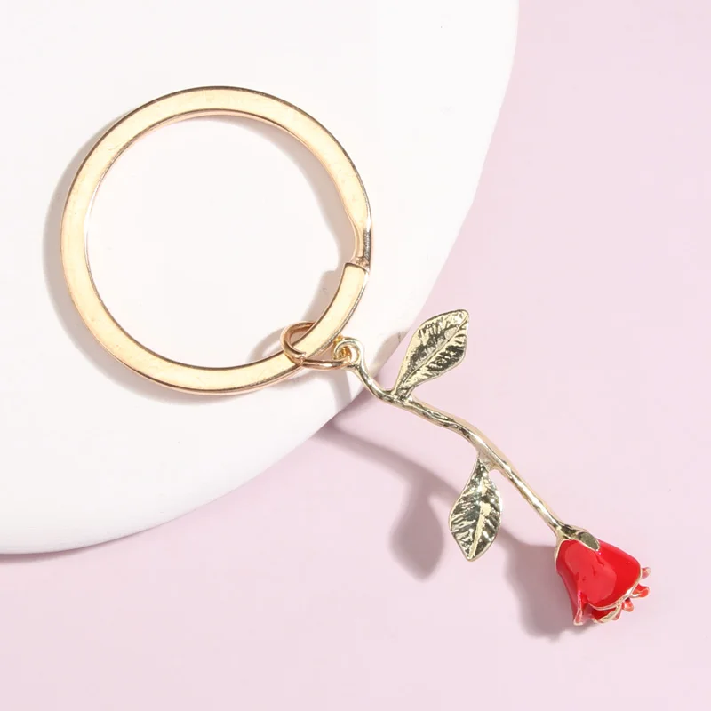 Enamel Keychain Rose Flower Key Ring Love Key Chains Valentine\'s Day Gifts For Couple Lovers Handbag Accessorie DIY Jewelry